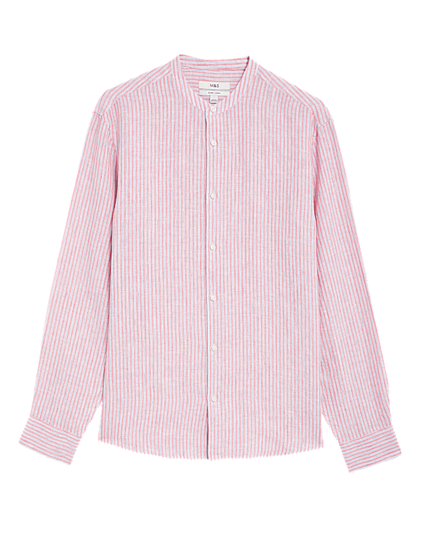 Pure Linen Striped Grandad Collar Shirt