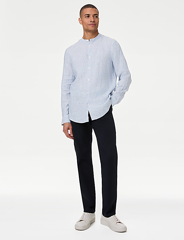 Pure Linen Striped Grandad Collar Shirt