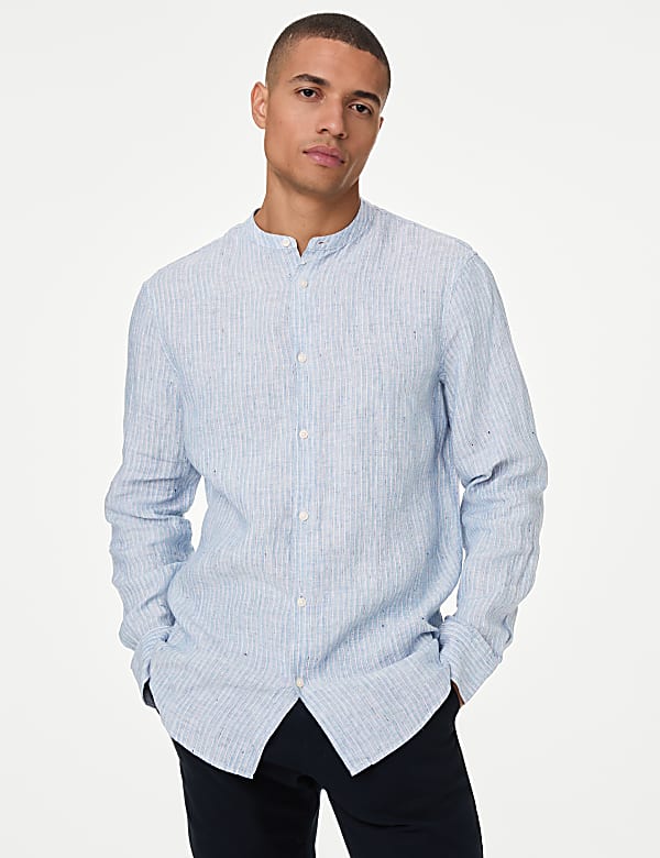 Pure Linen Striped Grandad Collar Shirt