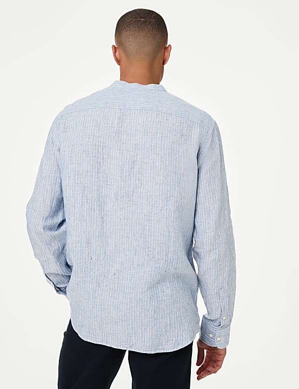 Pure Linen Striped Grandad Collar Shirt