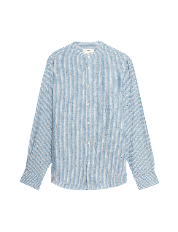 Pure Linen Striped Grandad Collar Shirt