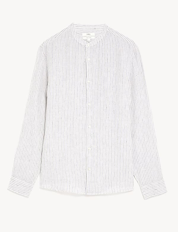 Pure Linen Striped Grandad Collar Shirt
