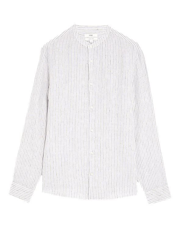 Pure Linen Striped Grandad Collar Shirt