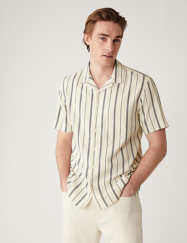Linen Blend Striped Cuban Collar Shirt