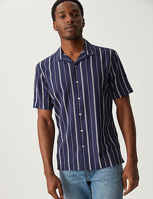 Linen Blend Striped Cuban Collar Shirt