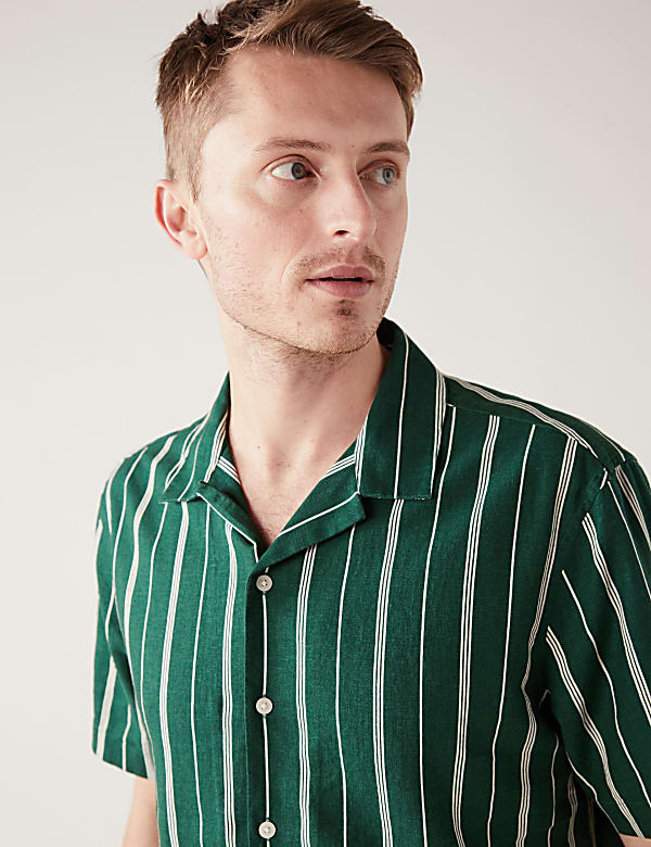 Linen Blend Striped Cuban Collar Shirt