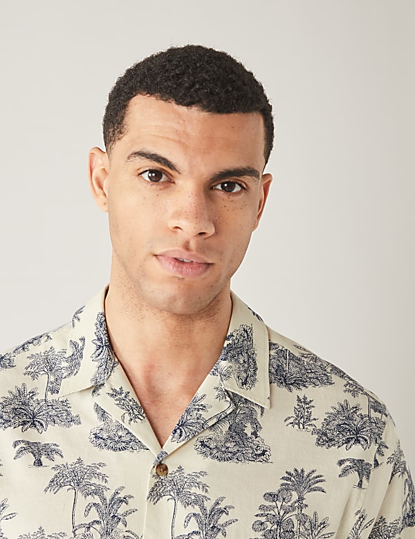 Pure Cotton Palm Tree Print Cuban Collar Shirt