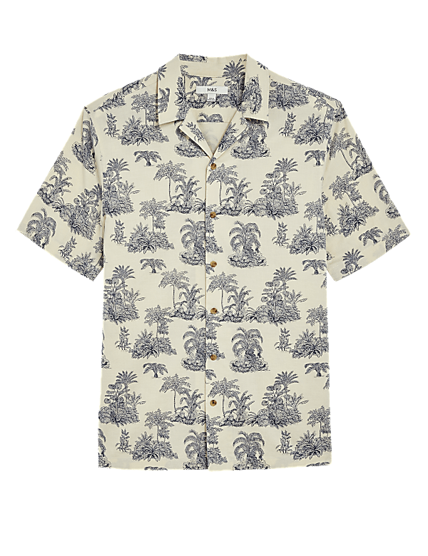 Pure Cotton Palm Tree Print Cuban Collar Shirt