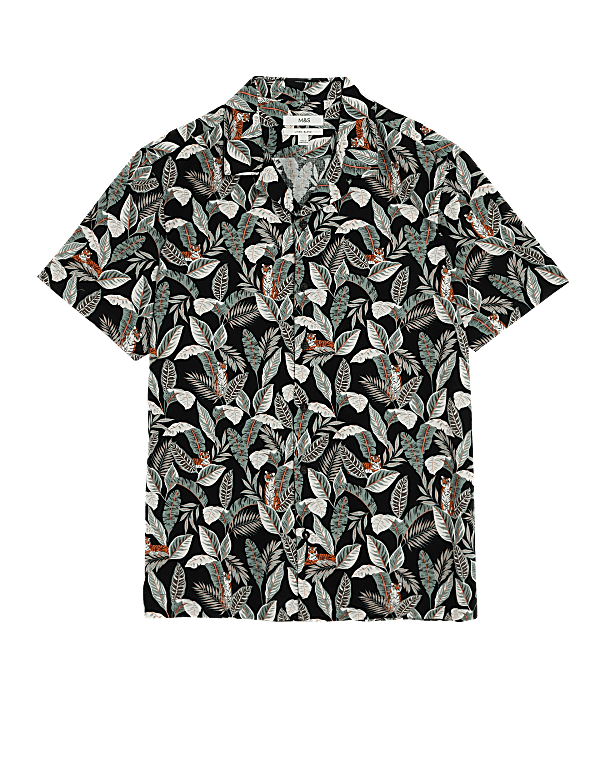 Linen Rich Leaf Print Cuban Collar Shirt