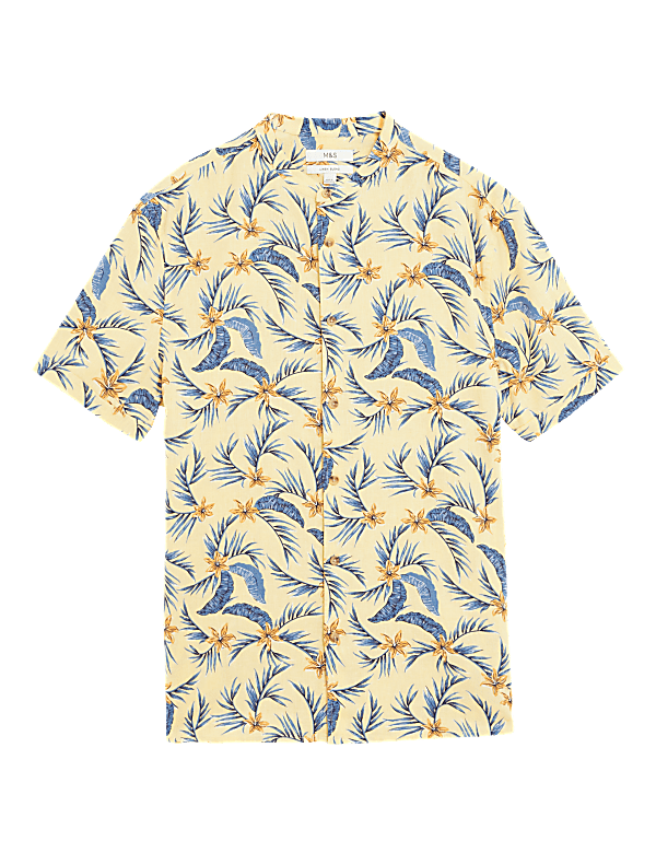 Linen Blend Floral Grandad Collar Shirt