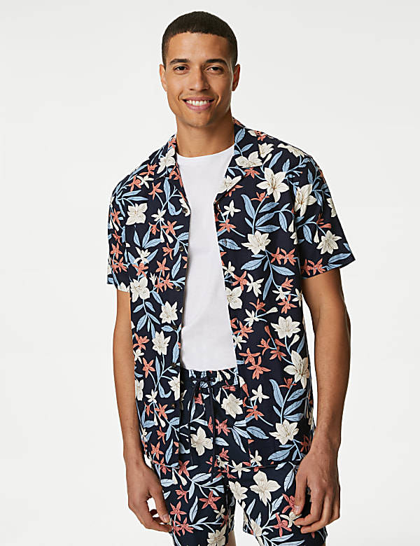 Easy Iron Linen Blend Hawaiian Printed Shirt - LV