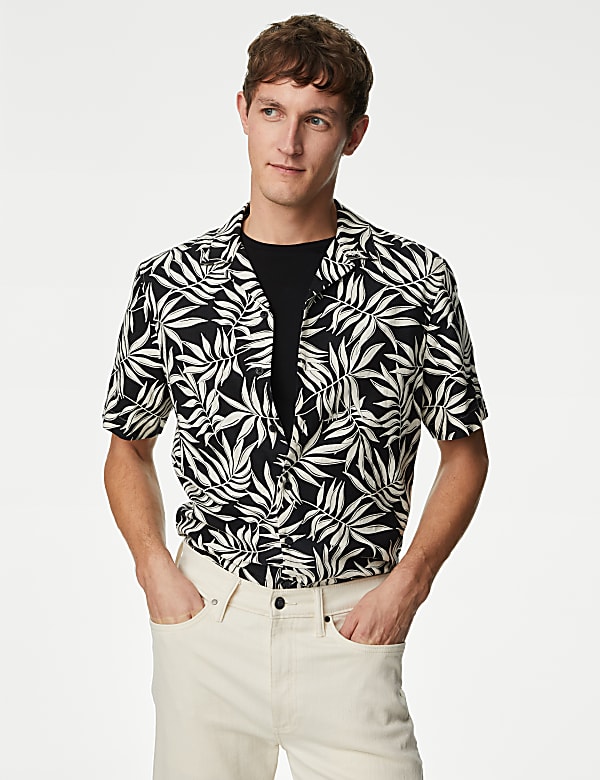 Easy Iron Linen Blend Hawaiian Printed Shirt NAVY MIX Shirts M S NO