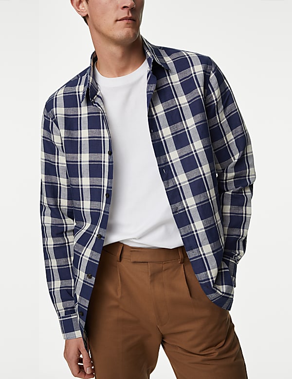 Easy Iron Cotton Linen Blend Check Shirt - CY