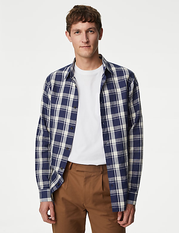 Easy Iron Cotton Linen Blend Check Shirt