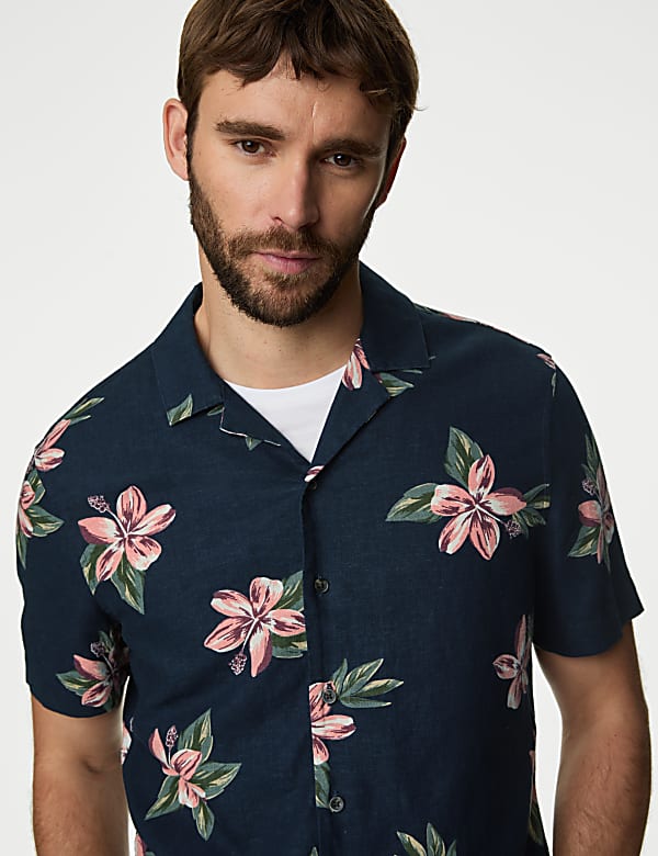 Easy Iron Linen Rich Floral Shirt NAVY MIX Shirts M S NO