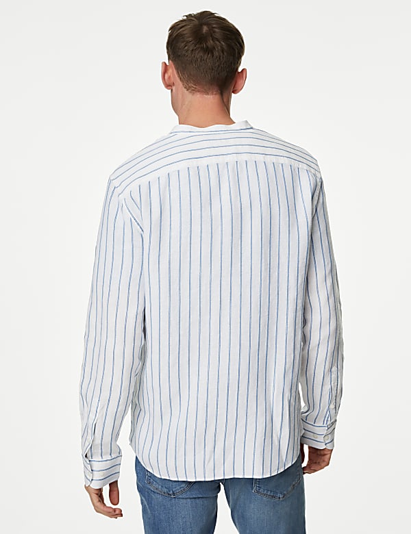 Linen Rich Striped Grandad Collar Shirt - MV