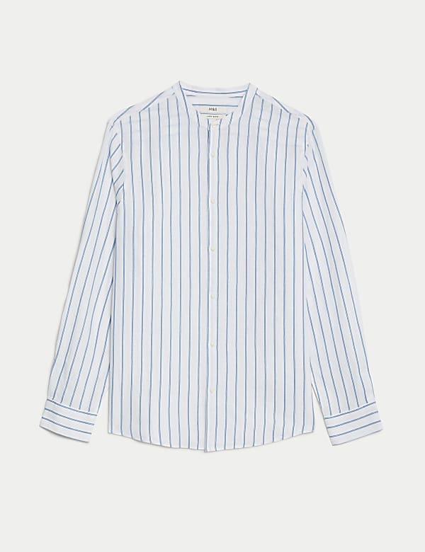 Linen Rich Striped Grandad Collar Shirt - MV