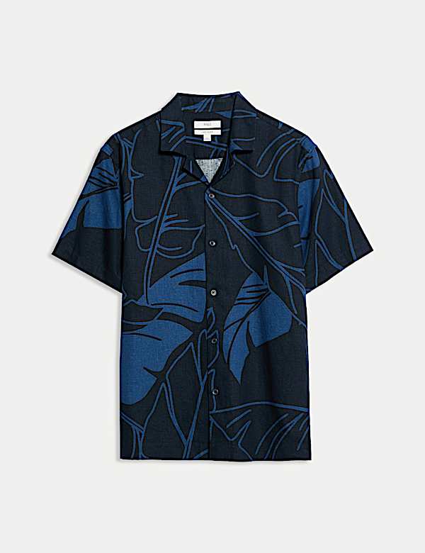 חולצה מבד עשיר בפשתן עם הדפס עלים - IL