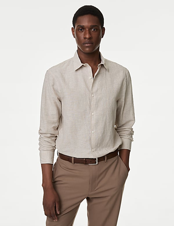 Cotton Linen Blend Fine Stripe Shirt