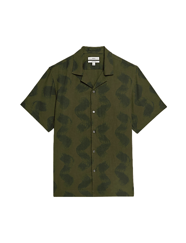Linen Rich Cuban Collar Wave Print Shirt