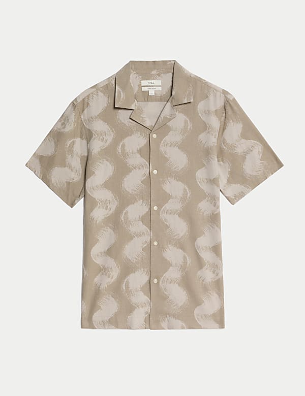 Linen Rich Cuban Collar Wave Print Shirt - EE