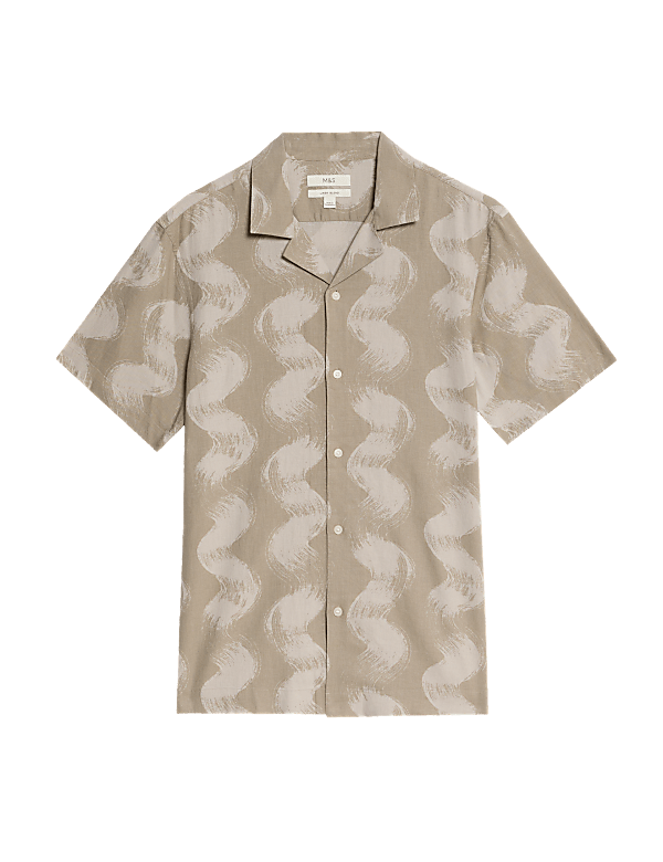 Linen Rich Cuban Collar Wave Print Shirt