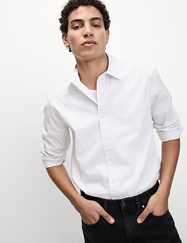 Kemeja Oxford Motif Garis Katun Murni - ID