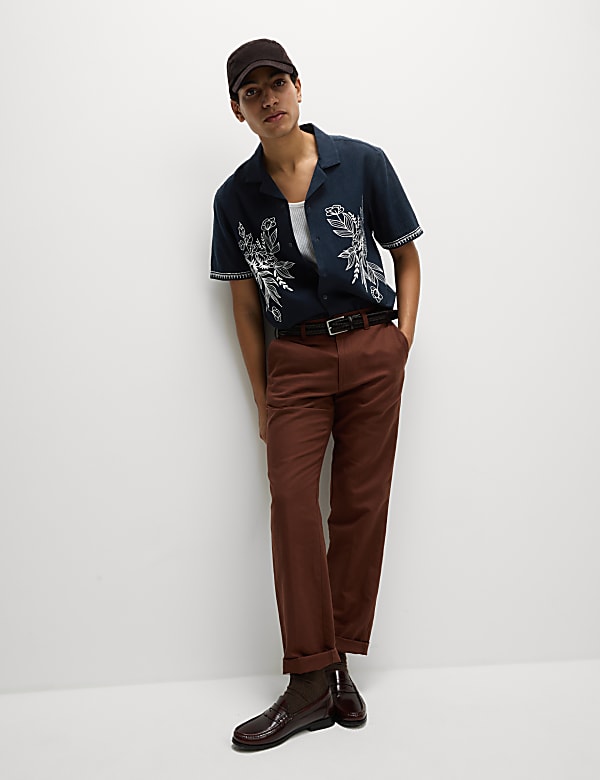 Cotton Linen Blend Short Sleeve Embroidered Shirt