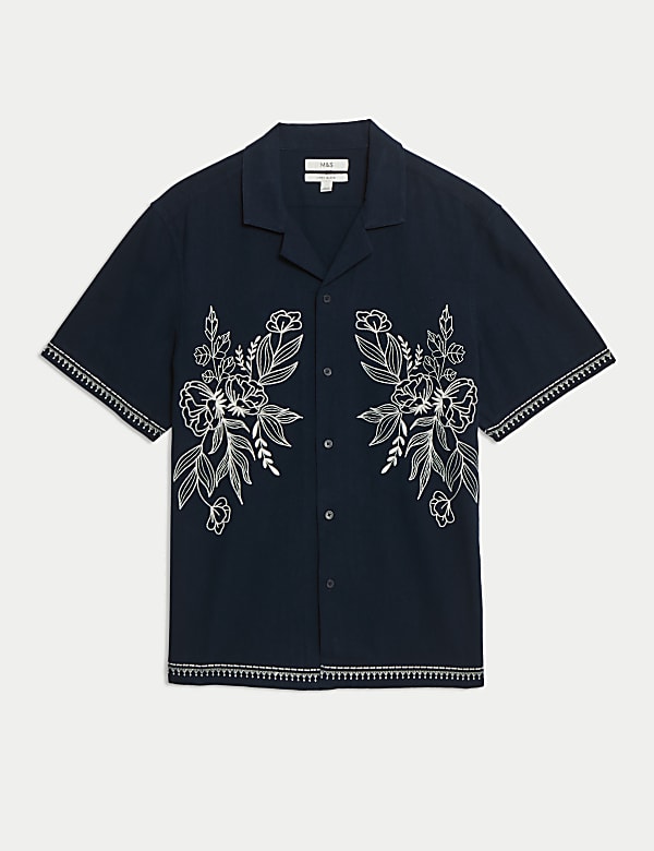 Cotton Linen Blend Short Sleeve Embroidered Shirt