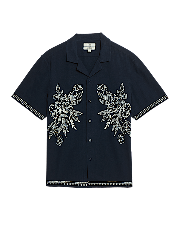 Cotton Linen Blend Short Sleeve Embroidered Shirt