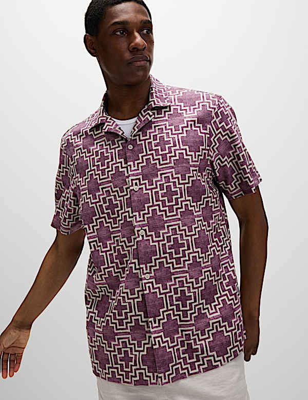 Linen Blend Geometric Print Short Sleeve Shirt