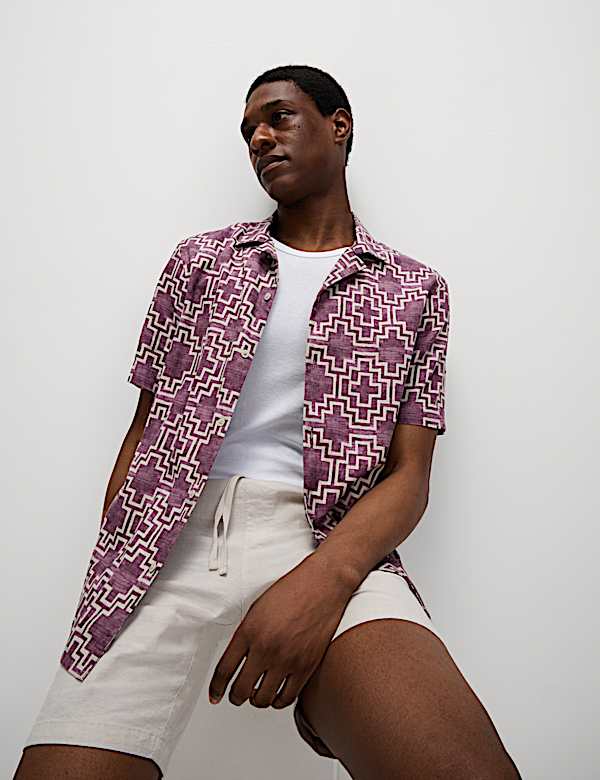 Linen Blend Geometric Print Short Sleeve Shirt