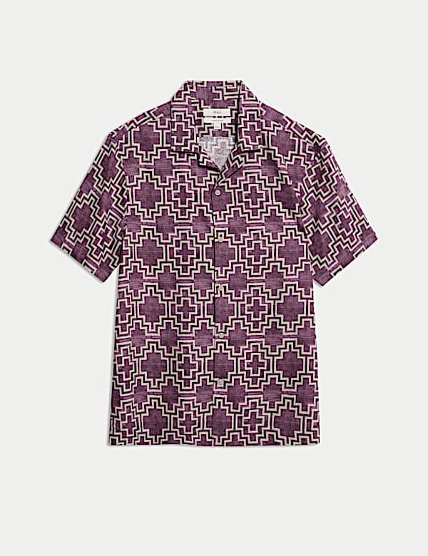 Linen Blend Geometric Print Short Sleeve Shirt