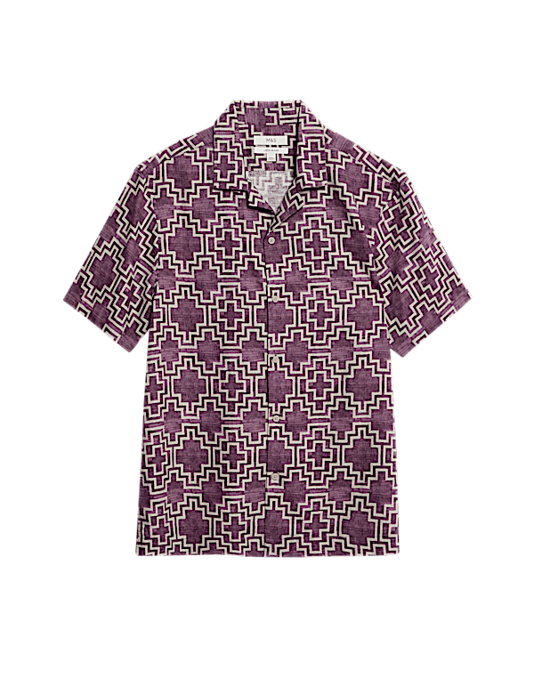 Linen Blend Geometric Print Short Sleeve Shirt