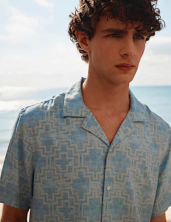 Linen Blend Geometric Print Short Sleeve Shirt