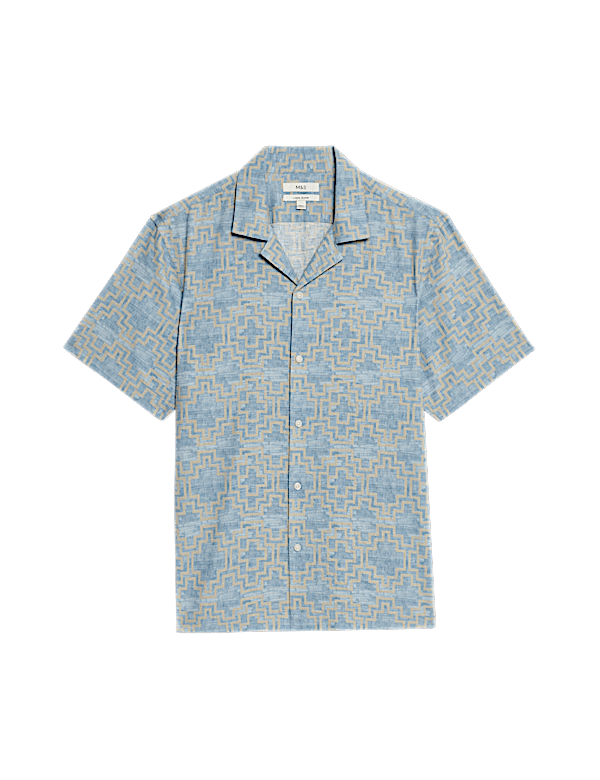 Linen Blend Geometric Print Short Sleeve Shirt
