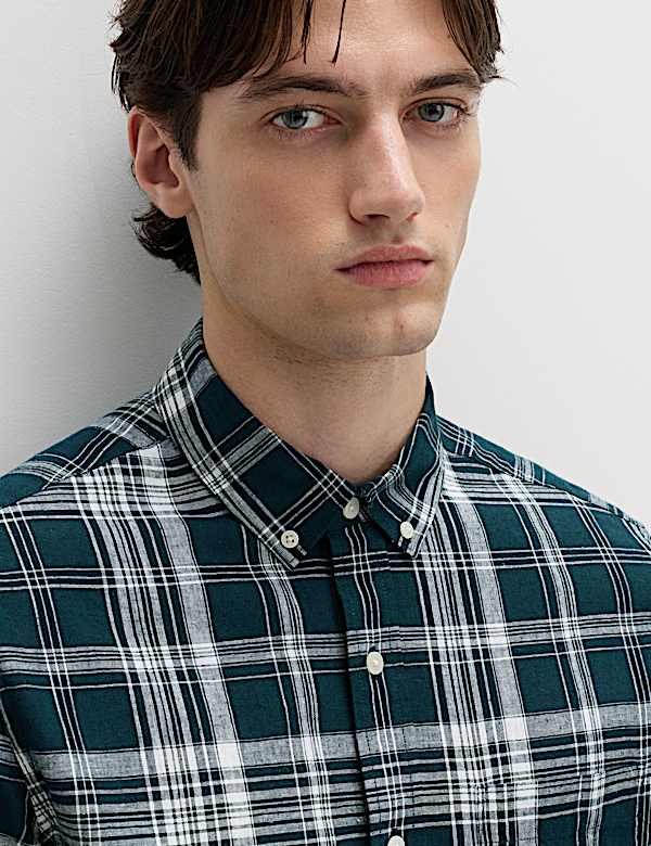 Cotton Linen Blend Check Short Sleeve Shirt - AL