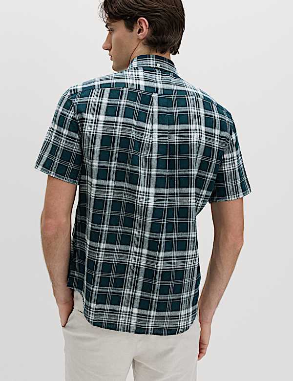 Cotton Linen Blend Check Short Sleeve Shirt