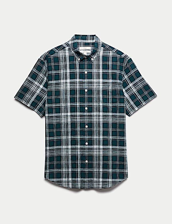 Cotton Linen Blend Check Short Sleeve Shirt - AL