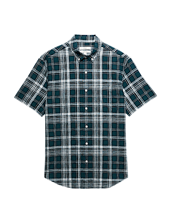 Cotton Linen Blend Check Short Sleeve Shirt