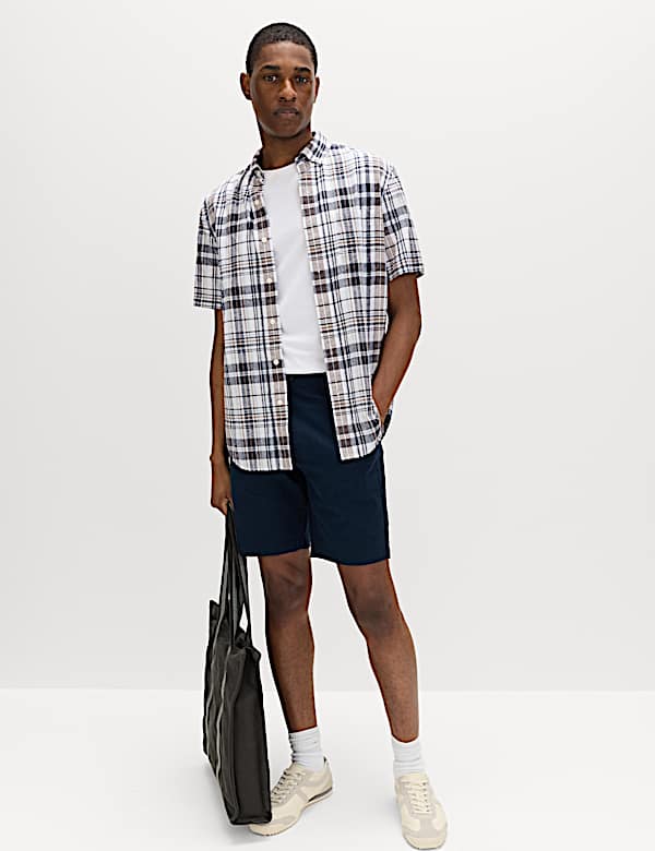 חולצת משבצות מתערובת כותנה ופשתן עם שרוול קצר - IL