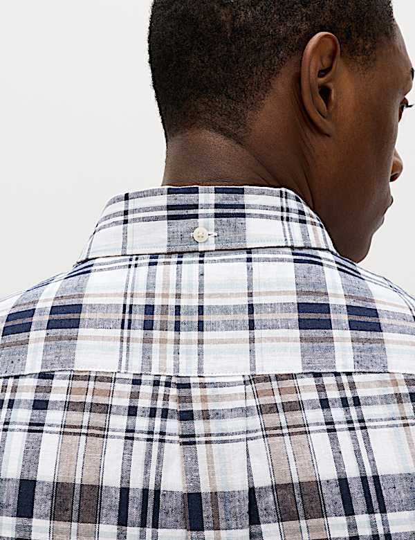 חולצת משבצות מתערובת כותנה ופשתן עם שרוול קצר - IL