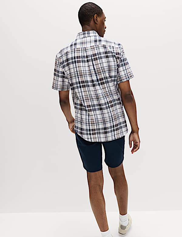 חולצת משבצות מתערובת כותנה ופשתן עם שרוול קצר - IL