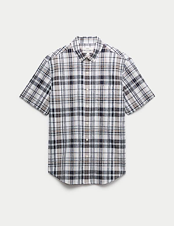 חולצת משבצות מתערובת כותנה ופשתן עם שרוול קצר - IL