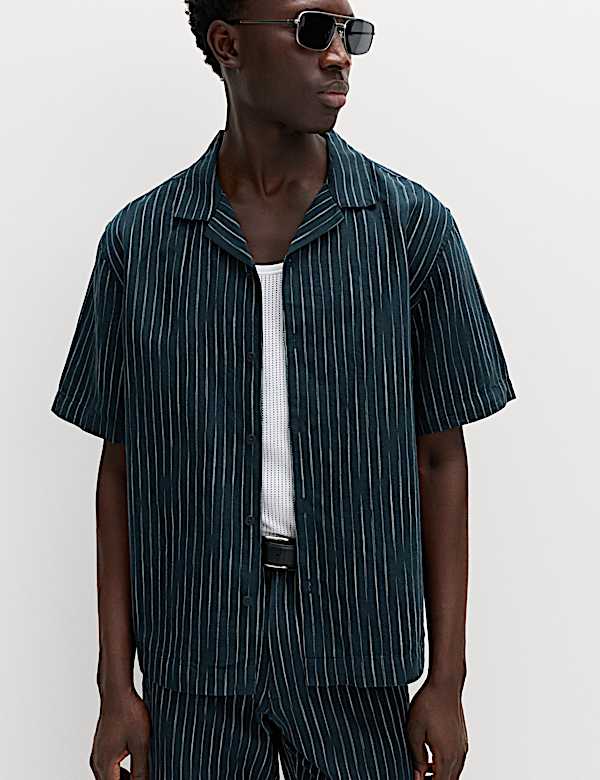 Cotton Linen Blend Striped Short Sleeve Shirt