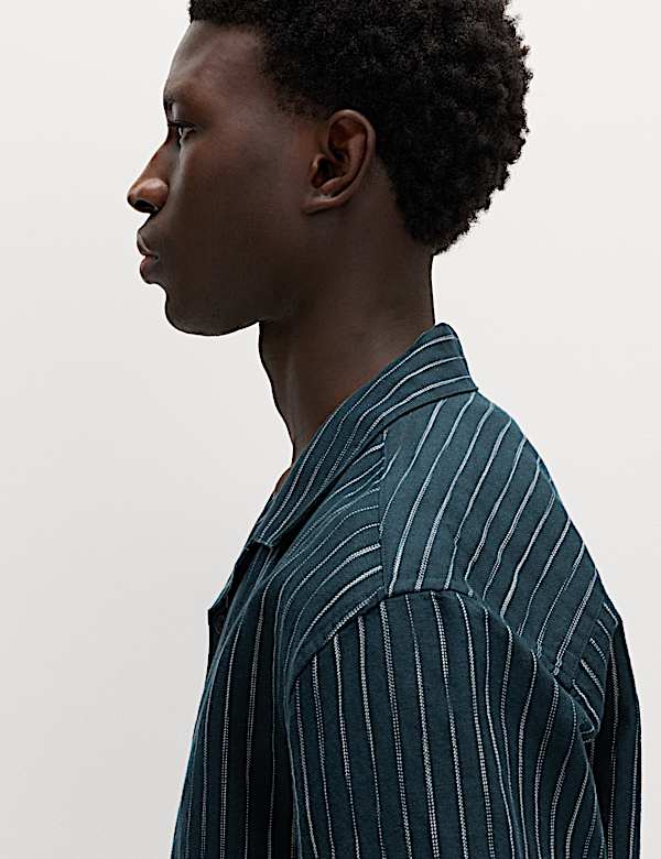 Cotton Linen Blend Striped Short Sleeve Shirt