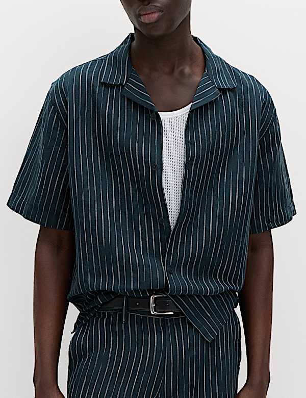 Cotton Linen Blend Striped Short Sleeve Shirt