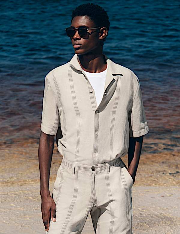 Cotton Linen Blend Striped Short Sleeve Shirt