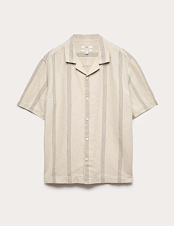 Cotton Linen Blend Striped Short Sleeve Shirt - RO