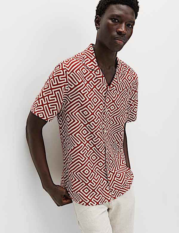 Easy Iron Linen Blend Geometric Short Sleeve Shirt
